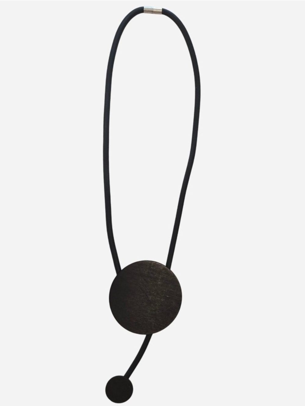 Modernist Black Rubber & Wood Statement Necklace Magnetic Closure